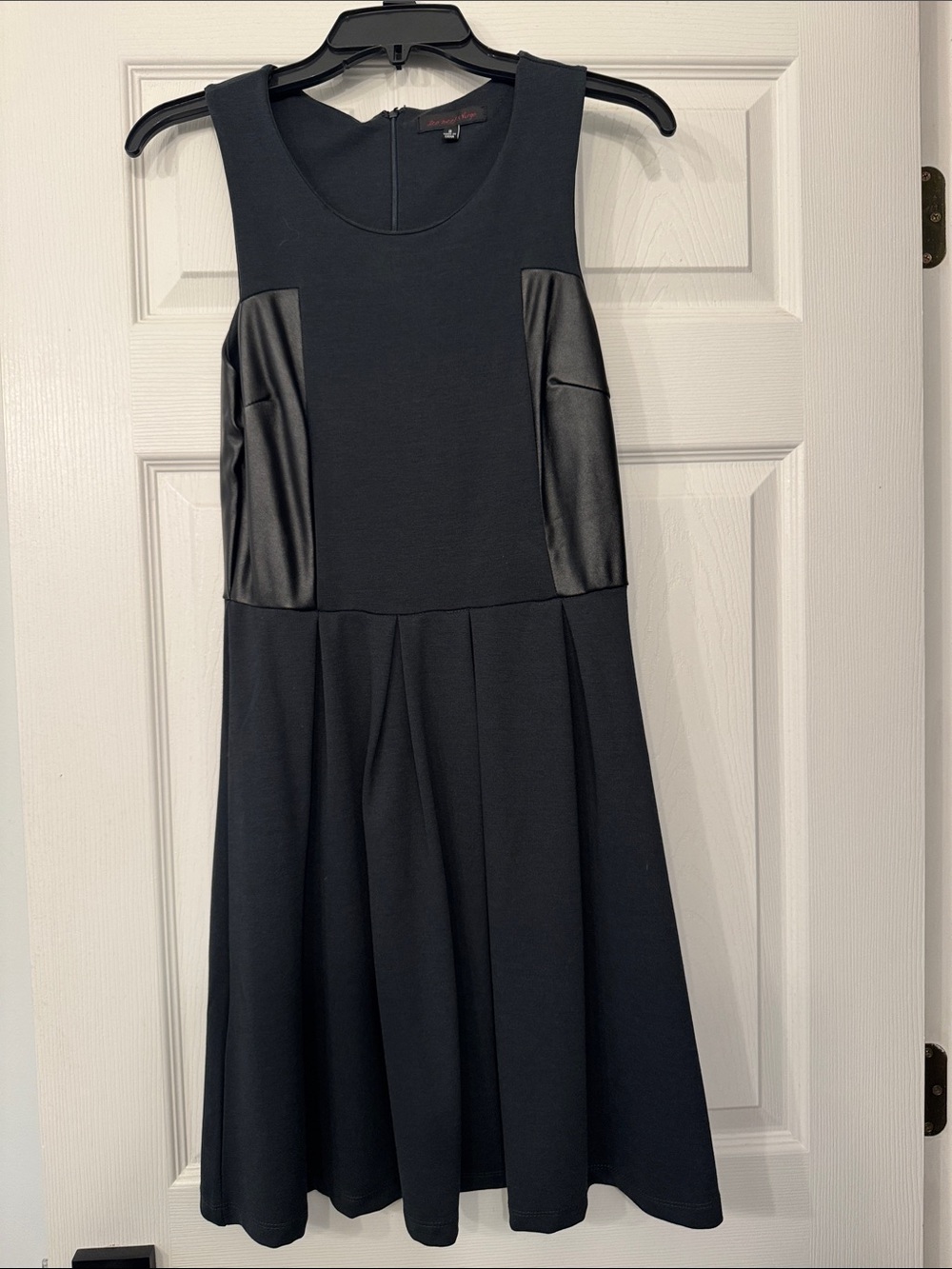 Sleeveless Black Fit-and-Flare Dress with Faux Leather Panels